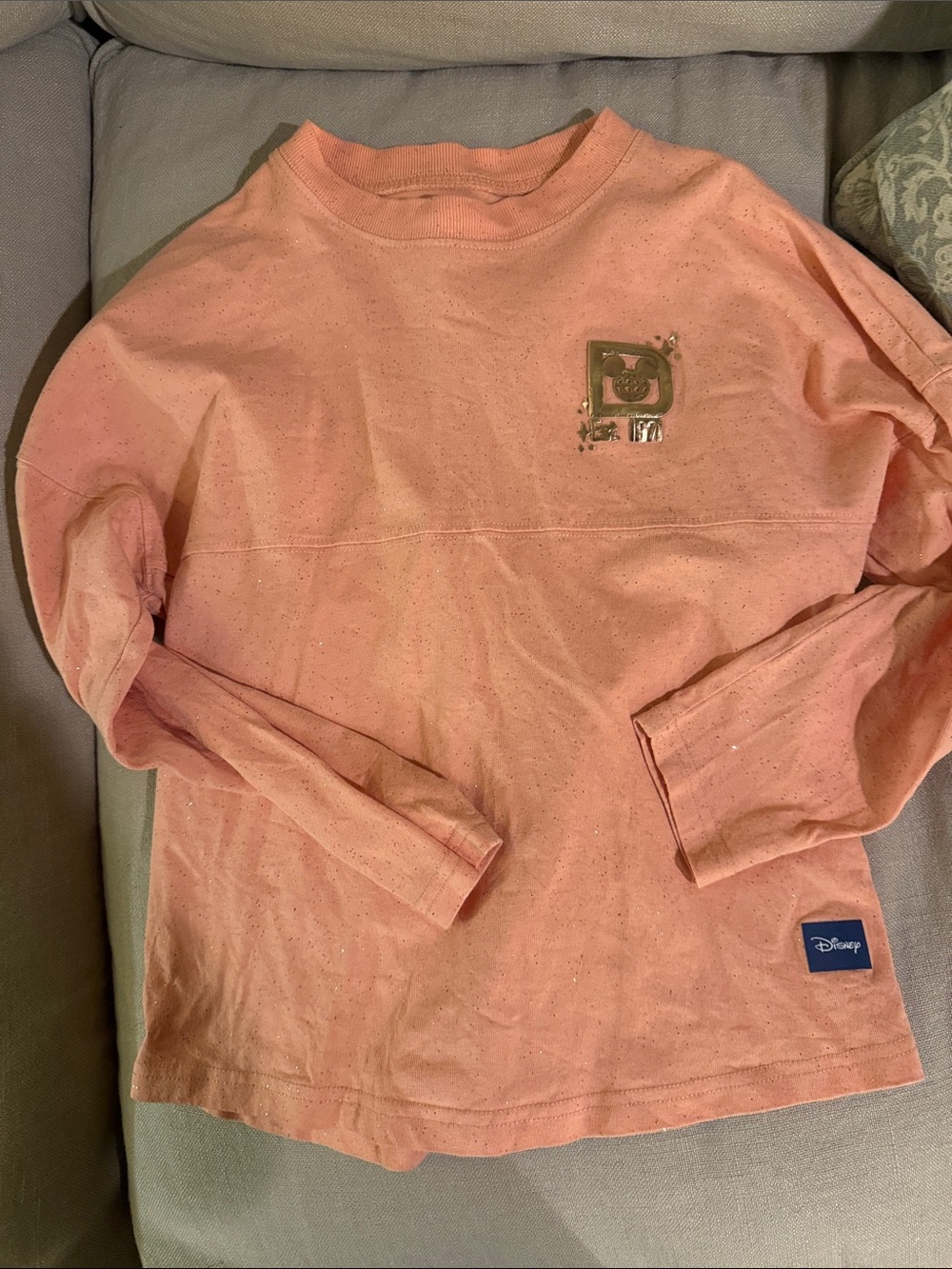 Disney Peach girls long Sleeve spirit jersey with glitter and Gold Logo Accent